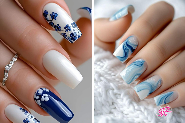 طرح ناخن آبی و سفید