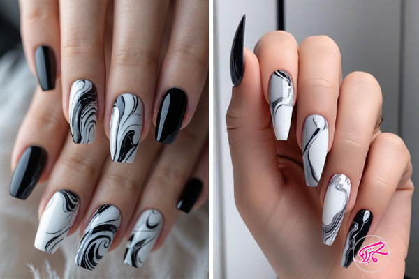 طرح ناخن سفید و مشکی