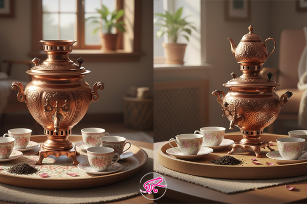 ست چای سنتی ایرانی با سماور یا قوری خاص و دست‌ساز
