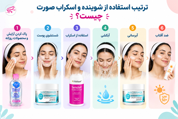 ترتیب استفاده از شوینده و اسکراب صورت چیست؟